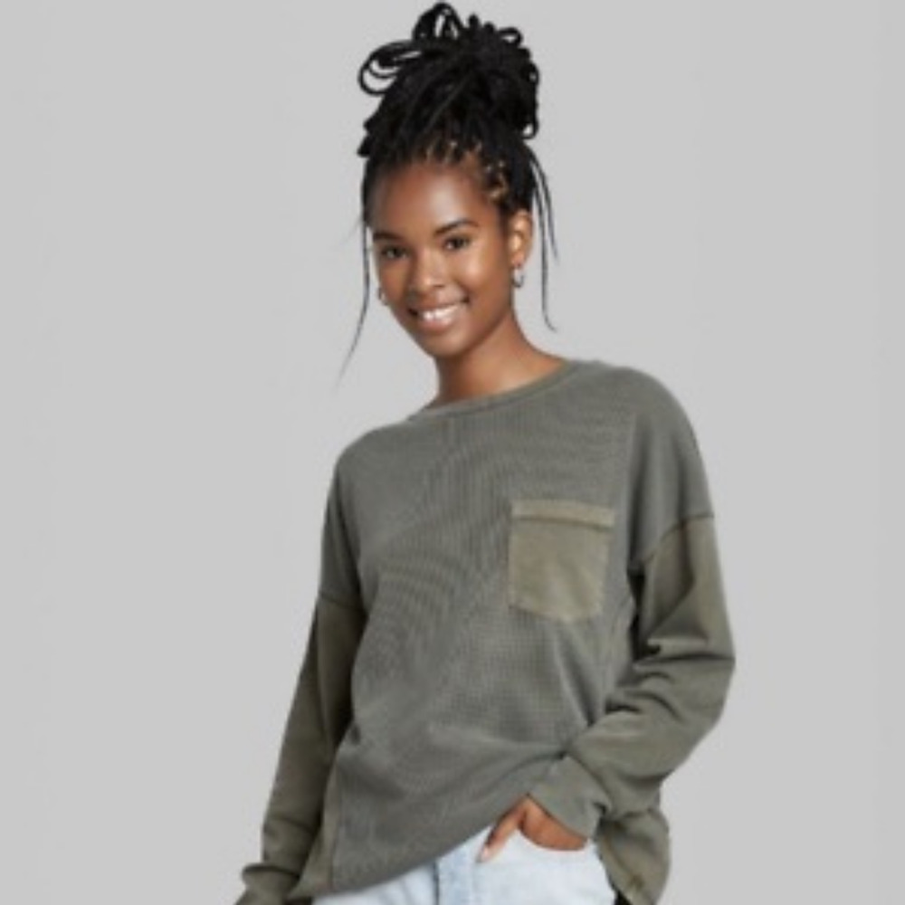 Women's Long Leeve Round Neck Boxy Tunic T-shirt - Wild Fable, Olive Green , XS‎